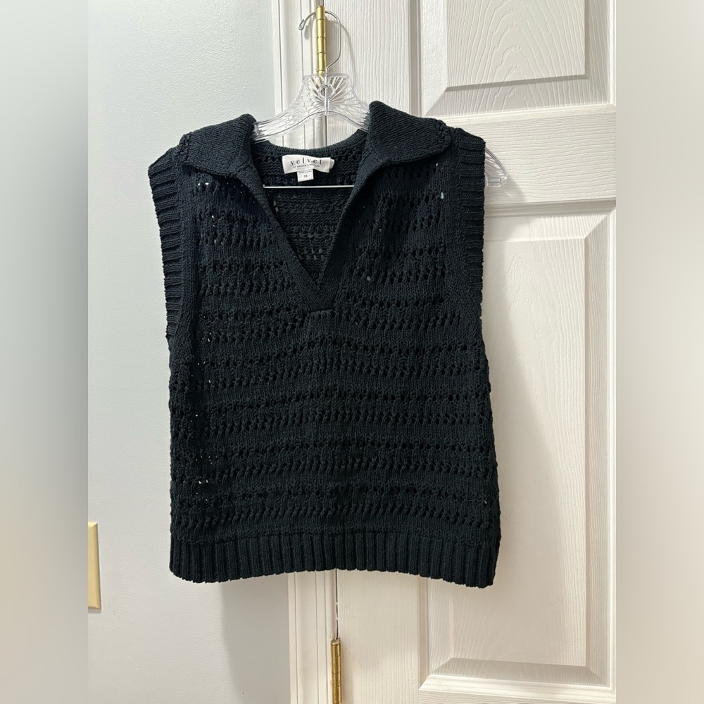 VELVET BY GRAHAM & SPENCER renee cotton crochet polo sweater in black size XS - Picture 4 of 7
